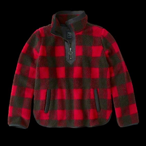 Abercrombie & Fitch A&F Sherpa Fleece Quarter Zip Red & Black Gingham Jacket XS - Picture 3 of 3